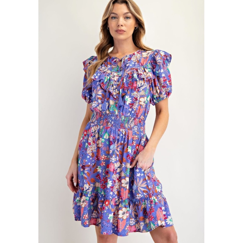 POL “The Gabriella" Periwinkle Floral Print Tiered Dress with Pockets